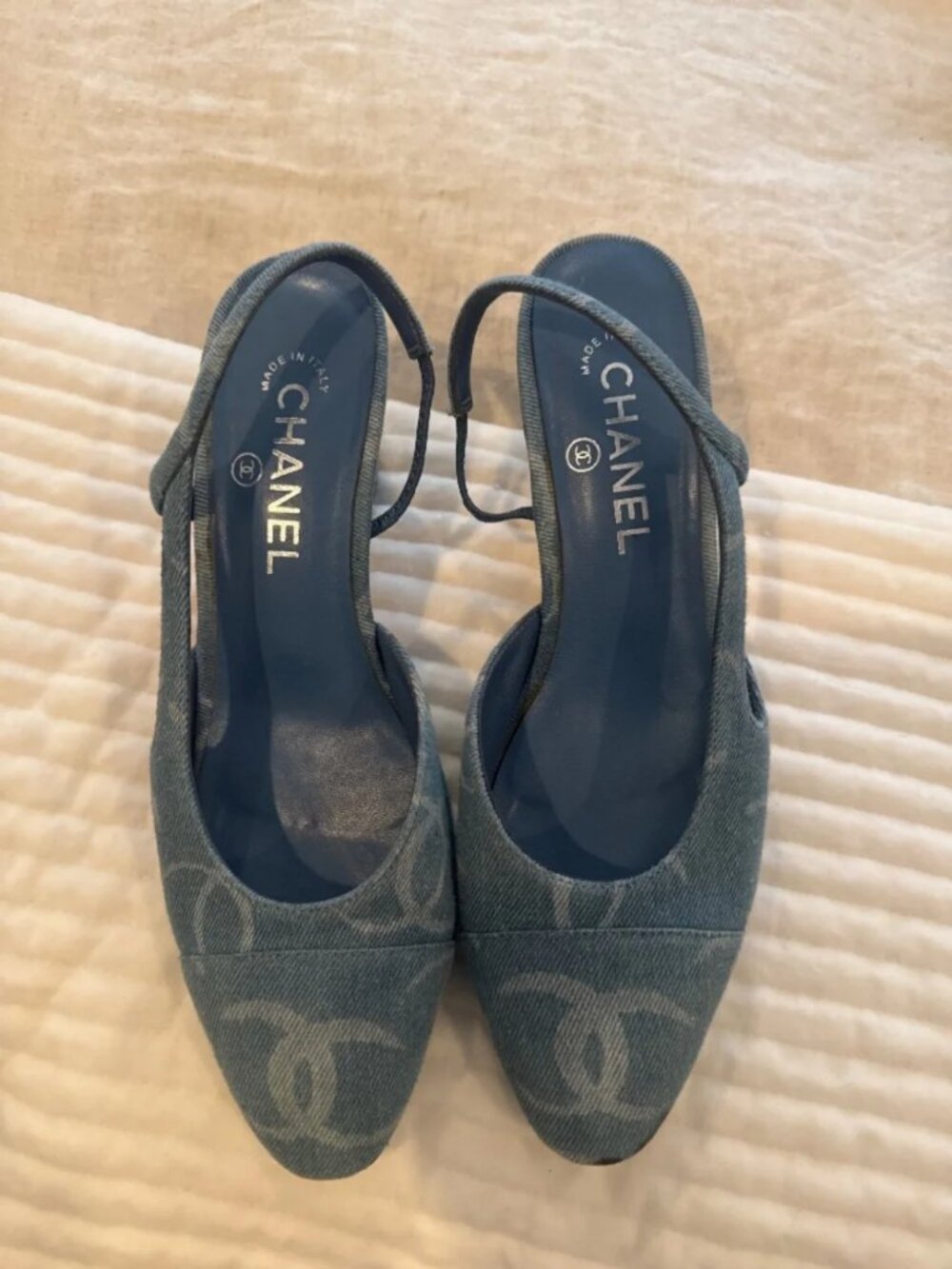Chanel Denim Slingback Block Heels Blue CC Logo